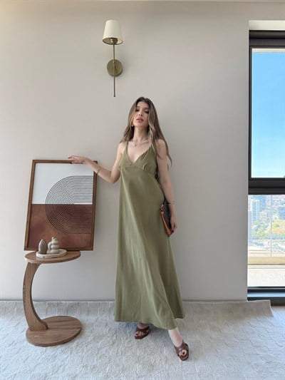 Askılı Sırt Çapraz Detay Midiboy Tensel Modal Elbise Haki 2293