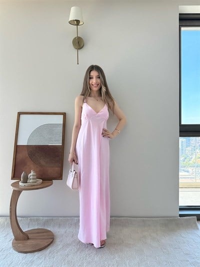 Askılı Sırt Çapraz Detay Midiboy Tensel Modal Elbise Pembe 2293
