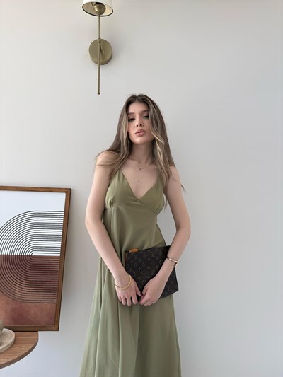 Askılı Sırt Çapraz Detay Midiboy Tensel Modal Elbise Haki 2293