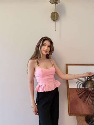 Askılı Sırt Fermuar Detay Volanlı Bluz Pembe 2343