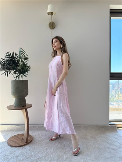 Askılı Ters Dikiş Detay Keten Uzun Elbise Pembe 2216