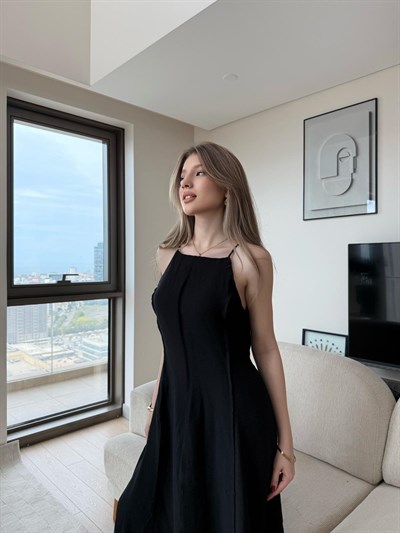 Askılı Ters Dikiş Detay Keten Uzun Elbise Siyah 2216