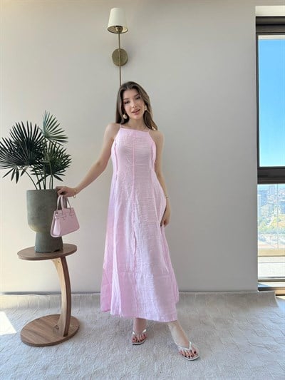 Askılı Ters Dikiş Detay Keten Uzun Elbise Pembe 2216