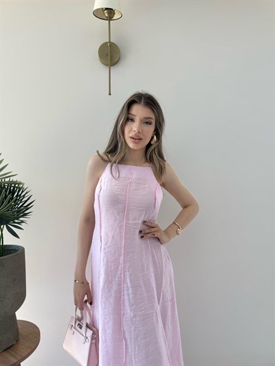 Askılı Ters Dikiş Detay Keten Uzun Elbise Pembe 2216