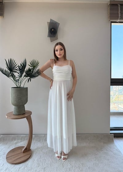 Askılı Tül Astarlı Uzun Elbise Beyaz 2367