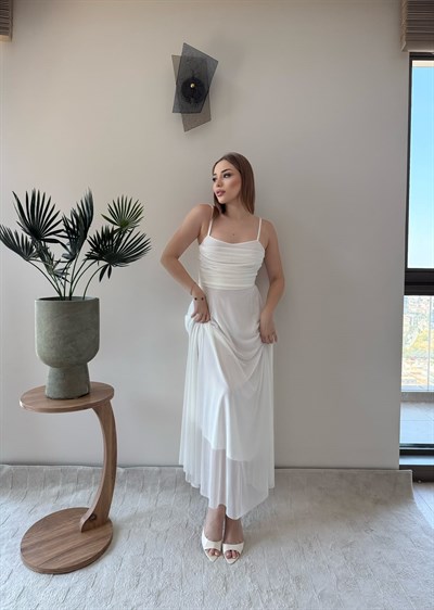 Askılı Tül Astarlı Uzun Elbise Beyaz 2367