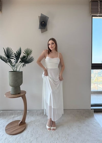 Askılı Tül Astarlı Uzun Elbise Beyaz 2367