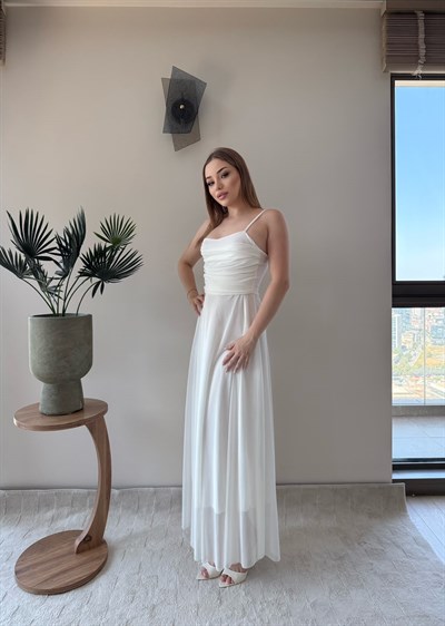 Askılı Tül Astarlı Uzun Elbise Beyaz 2367