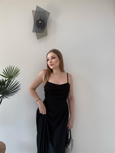 Askılı Tül Astarlı Uzun Elbise Siyah 2367