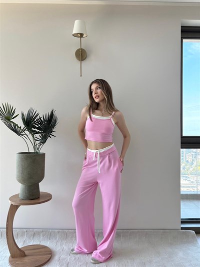 Asklı Atlet ve Pantolonlu Garne Detay Modal İkili Takım Pembe 2201