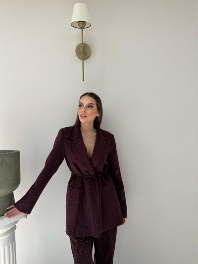 Bağlama Detay Taşlı Blazer Ceket ve Taşlı Pantolonlu Kumaş İkili Takım Bordo 2071