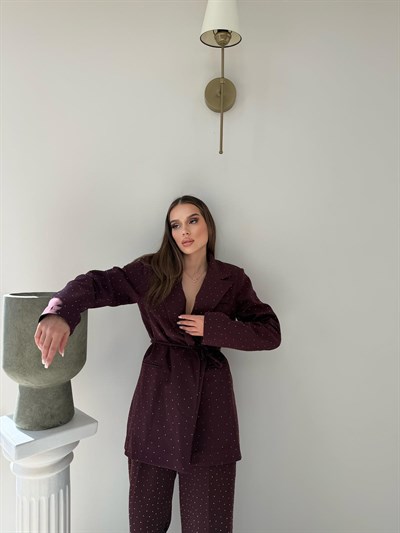 Bağlama Detay Taşlı Blazer Ceket ve Taşlı Pantolonlu Kumaş İkili Takım Bordo 2071