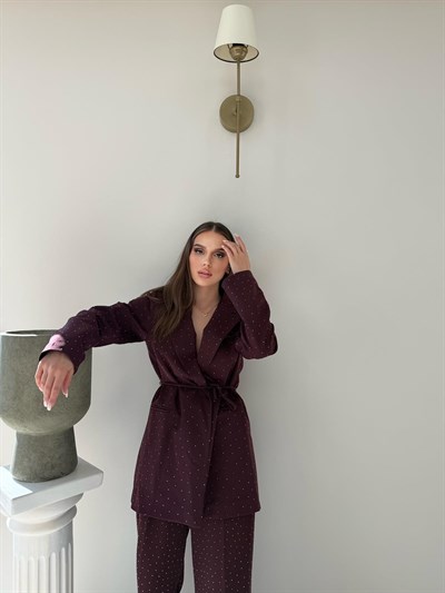 Bağlama Detay Taşlı Blazer Ceket ve Taşlı Pantolonlu Kumaş İkili Takım Bordo 2071