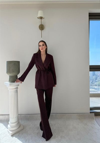 Bağlama Detay Taşlı Blazer Ceket ve Taşlı Pantolonlu Kumaş İkili Takım Bordo 2071