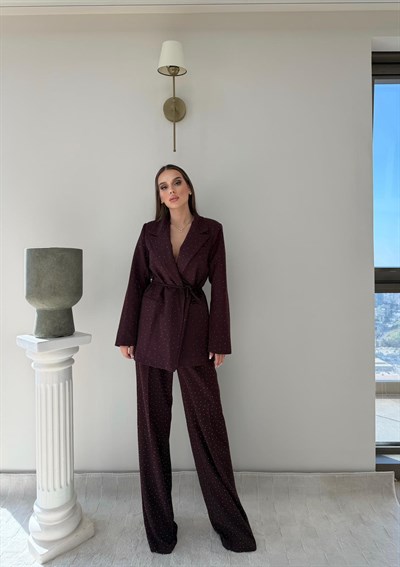 Bağlama Detay Taşlı Blazer Ceket ve Taşlı Pantolonlu Kumaş İkili Takım Bordo 2071