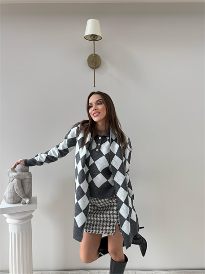 BAKLAVA DESEN POLO YAKA ATKI DETAY KAZAK GRİ 2014