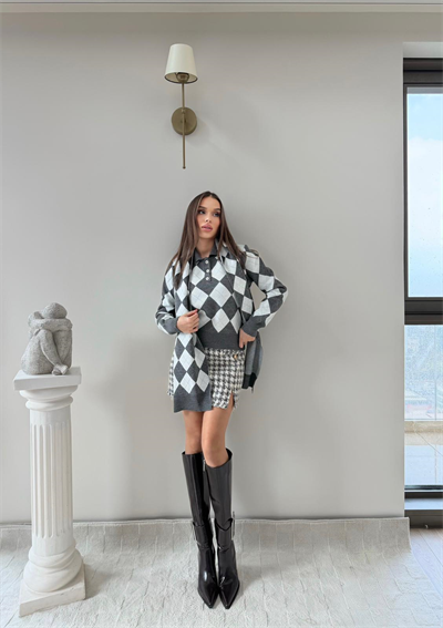 BAKLAVA DESEN POLO YAKA ATKI DETAY KAZAK GRİ 2014