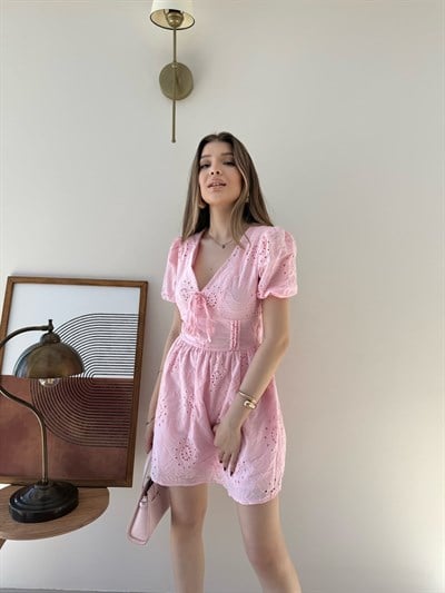 Balon Kol Sırt Dekolte Detay İç Astarlı Fisto Elbise Pembe 2332