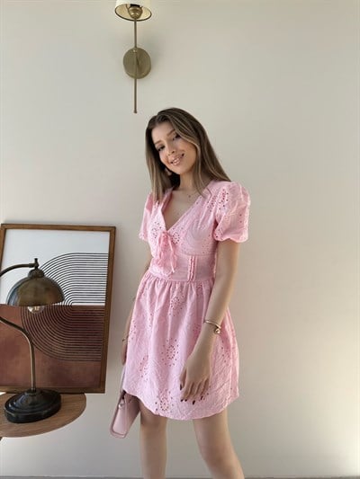 Balon Kol Sırt Dekolte Detay İç Astarlı Fisto Elbise Pembe 2332
