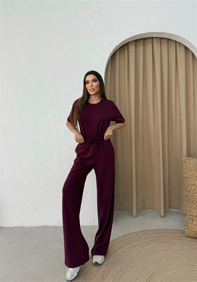 Basic Tişört ve Pantolonlu Modal İkili Takım Mürdüm 2123