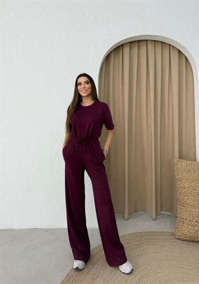 Basic Tişört ve Pantolonlu Modal İkili Takım Mürdüm 2123