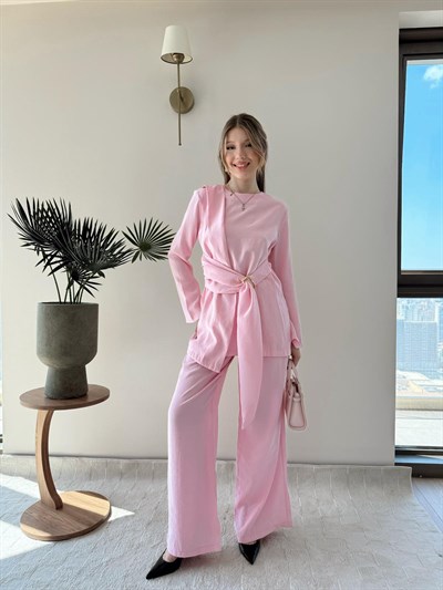 Bel Aksesuar Detay Saçaklı Bluz ve Pantolonlu Tensel İkili Takım Pembe 2142