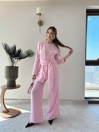 Bel Aksesuar Detay Saçaklı Bluz ve Pantolonlu Tensel İkili Takım Pembe 2142