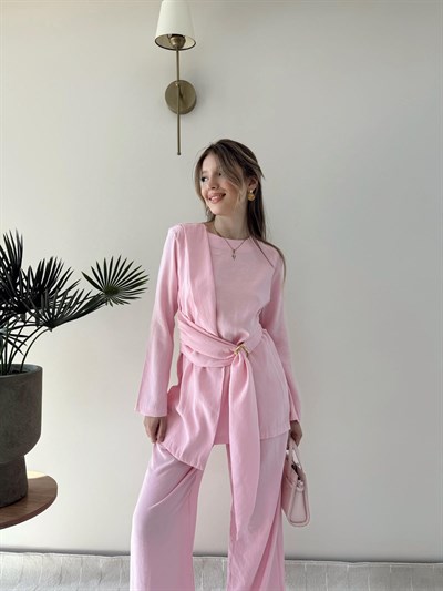 Bel Aksesuar Detay Saçaklı Bluz ve Pantolonlu Tensel İkili Takım Pembe 2142