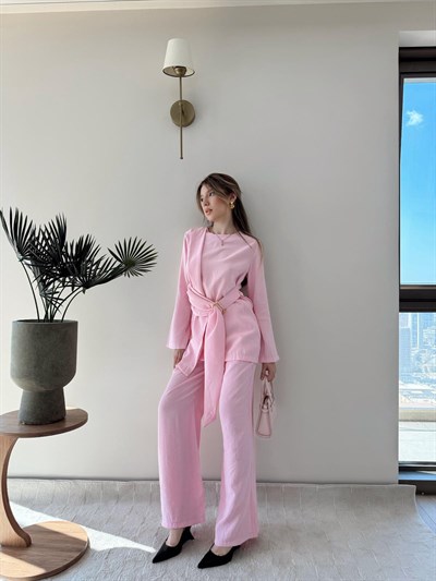 Bel Aksesuar Detay Saçaklı Bluz ve Pantolonlu Tensel İkili Takım Pembe 2142