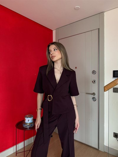 Bel Aksesuar Saçak Detay Ceket ve Pantolonlu Double Kumaş İkili Takım Mürdüm 2221