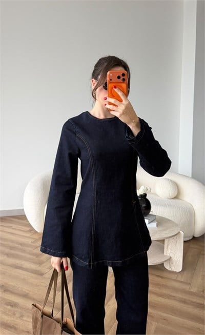 Bel Bağlama Detay Bluz ve Pantolonlu Kot Takım Lacivert 2508