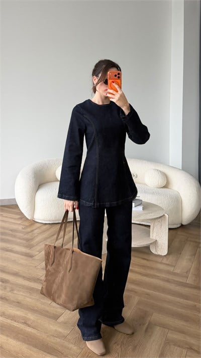 Bel Bağlama Detay Bluz ve Pantolonlu Kot Takım Lacivert 2508