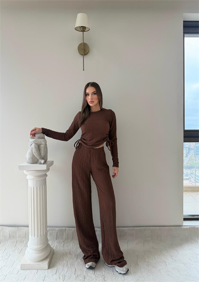 Bel Büzgülü Gofre Bluz ve Pantolonlu Gofre Takım Kahve 2047