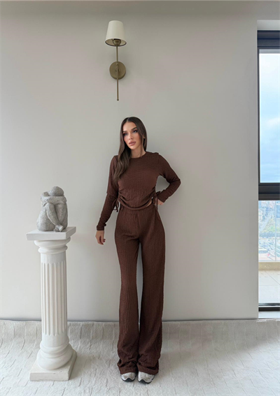 Bel Büzgülü Gofre Bluz ve Pantolonlu Gofre Takım Kahve 2047