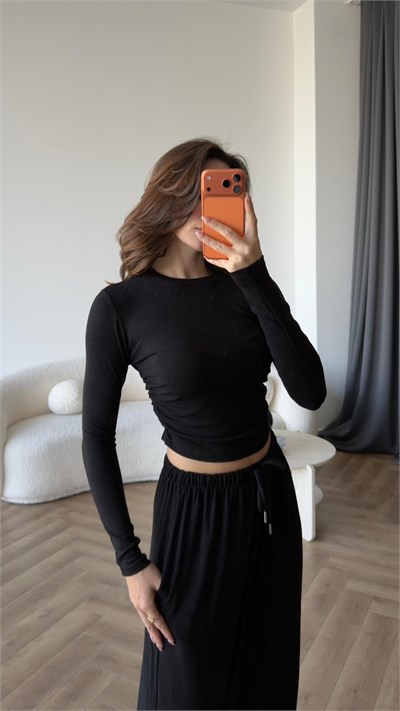 Bel Drape Detay Bluz ve Paça Lastikli Viskon İkili Takım Siyah 2420