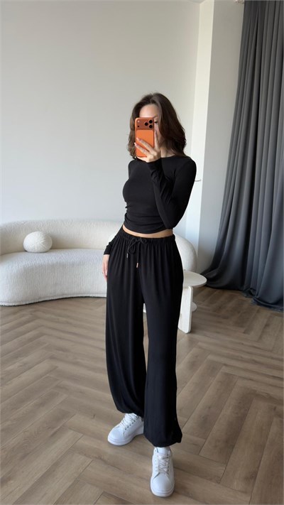 Bel Drape Detay Bluz ve Paça Lastikli Viskon İkili Takım Siyah 2420