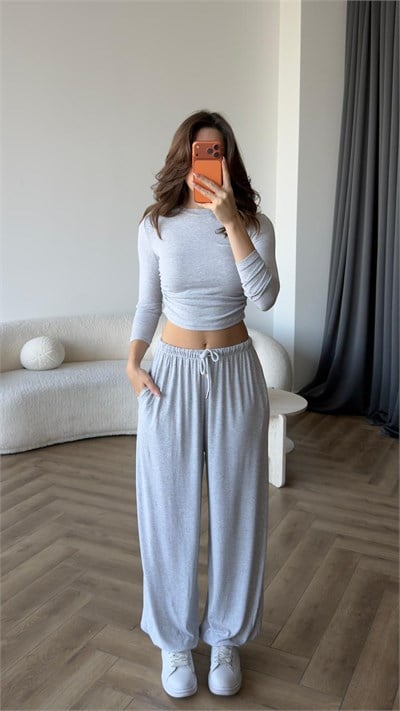 Bel Drape Detay Bluz ve Paça Lastikli Viskon İkili Takım Gri 2420