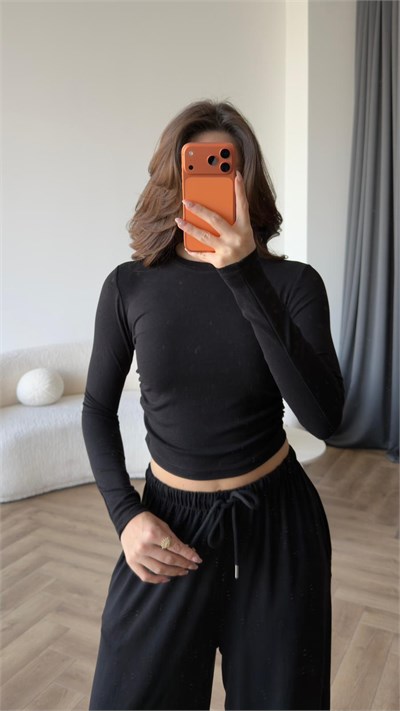 Bel Drape Detay Bluz ve Paça Lastikli Viskon İkili Takım Siyah 2420