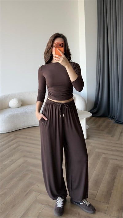 Bel Drape Detay Bluz ve Paça Lastikli Viskon İkili Takım Acı Kahve 2420