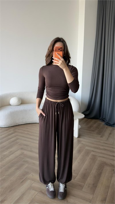 Bel Drape Detay Bluz ve Paça Lastikli Viskon İkili Takım Acı Kahve 2420
