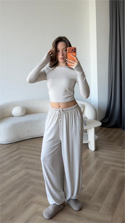 Bel Drape Detay Bluz ve Paça Lastikli Viskon İkili Takım Taş 2420