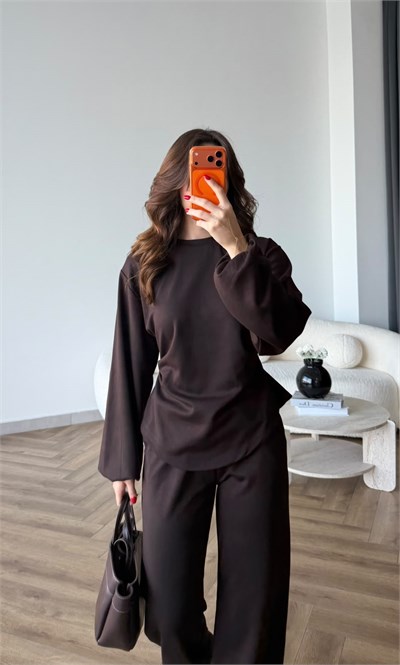 Bel Drape Detay İspanyol Kol Sweat Ve Eşofmanlı İkili Modal Takım Kahve 2493