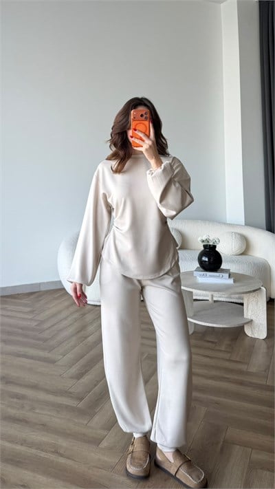 Bel Drape Detay İspanyol Kol Sweat Ve Eşofmanlı İkili Modal Takım Ekru 2493