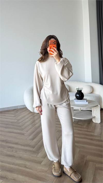 Bel Drape Detay İspanyol Kol Sweat Ve Eşofmanlı İkili Modal Takım Ekru 2493