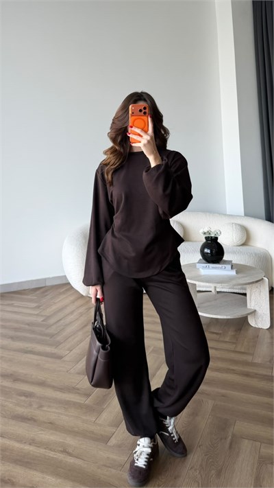 Bel Drape Detay İspanyol Kol Sweat Ve Eşofmanlı İkili Modal Takım Kahve 2493