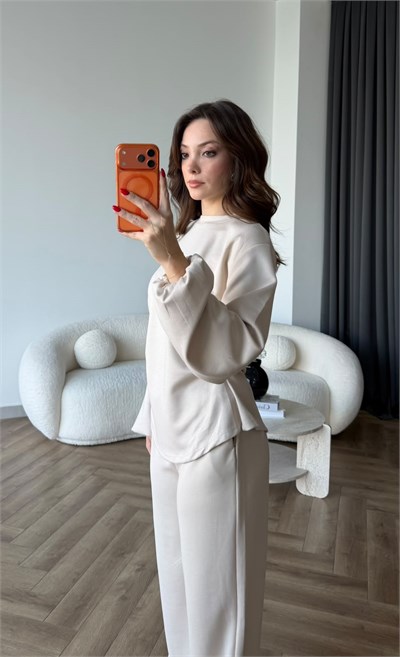 Bel Drape Detay İspanyol Kol Sweat Ve Eşofmanlı İkili Modal Takım Ekru 2493