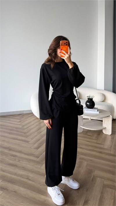 Bel Drape Detay İspanyol Kol Sweat Ve Eşofmanlı İkili Modal Takım Siyah 2493