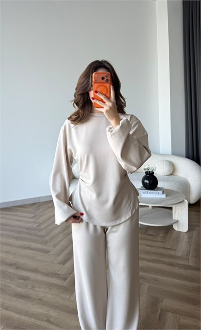Bel Drape Detay İspanyol Kol Sweat Ve Eşofmanlı İkili Modal Takım Ekru 2493
