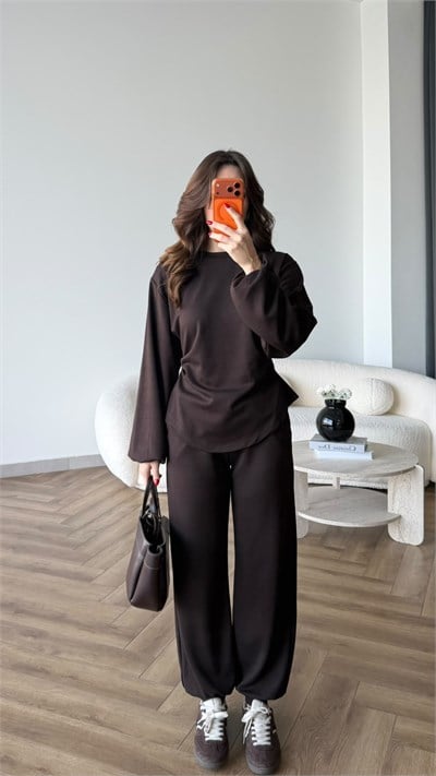 Bel Drape Detay İspanyol Kol Sweat Ve Eşofmanlı İkili Modal Takım Kahve 2493