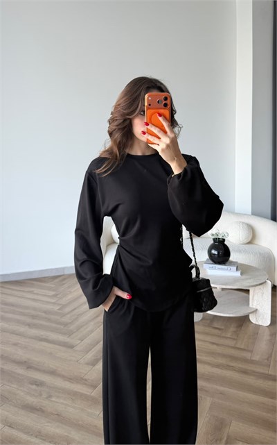 Bel Drape Detay İspanyol Kol Sweat Ve Eşofmanlı İkili Modal Takım Siyah 2493